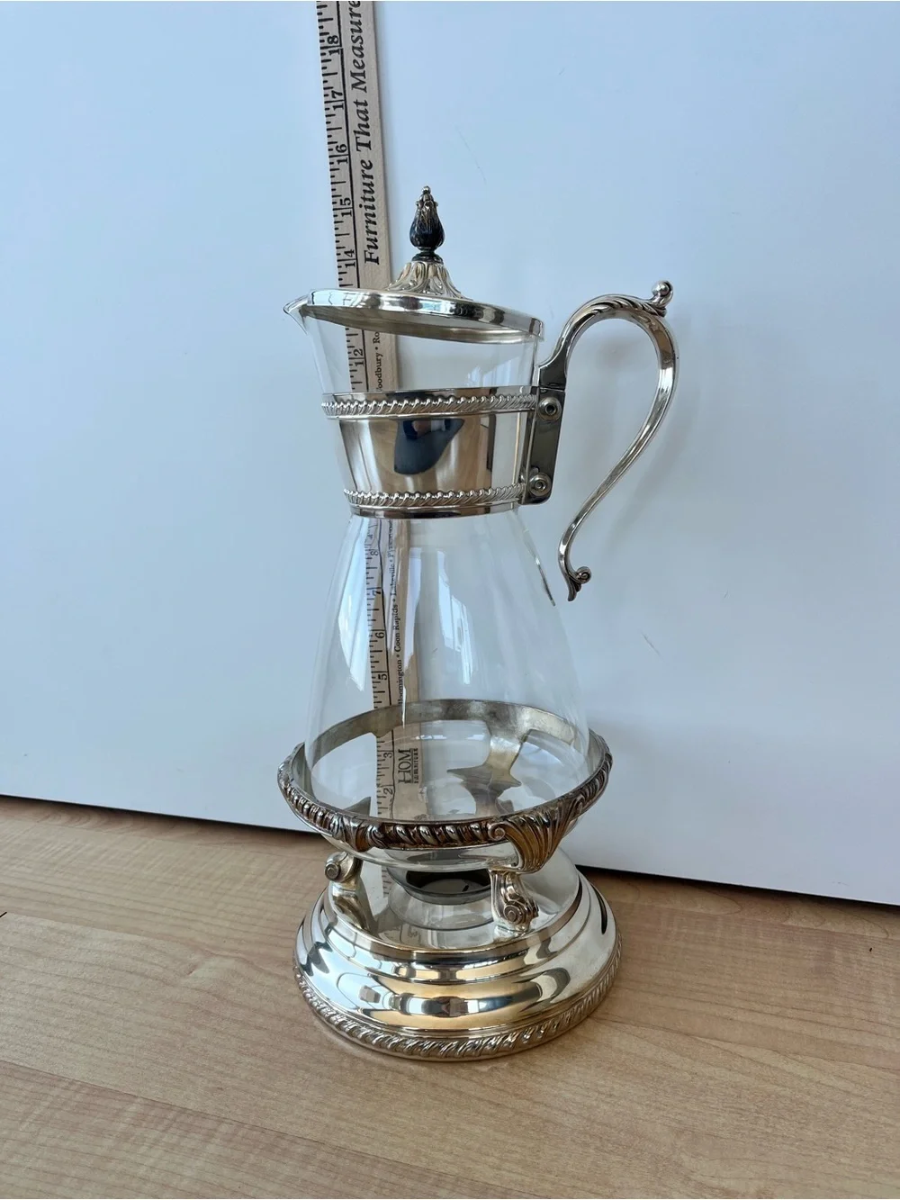 Vintage Silver-Plate Glass Pitcher with Ornate Handle & Warmer Base. Excellent!